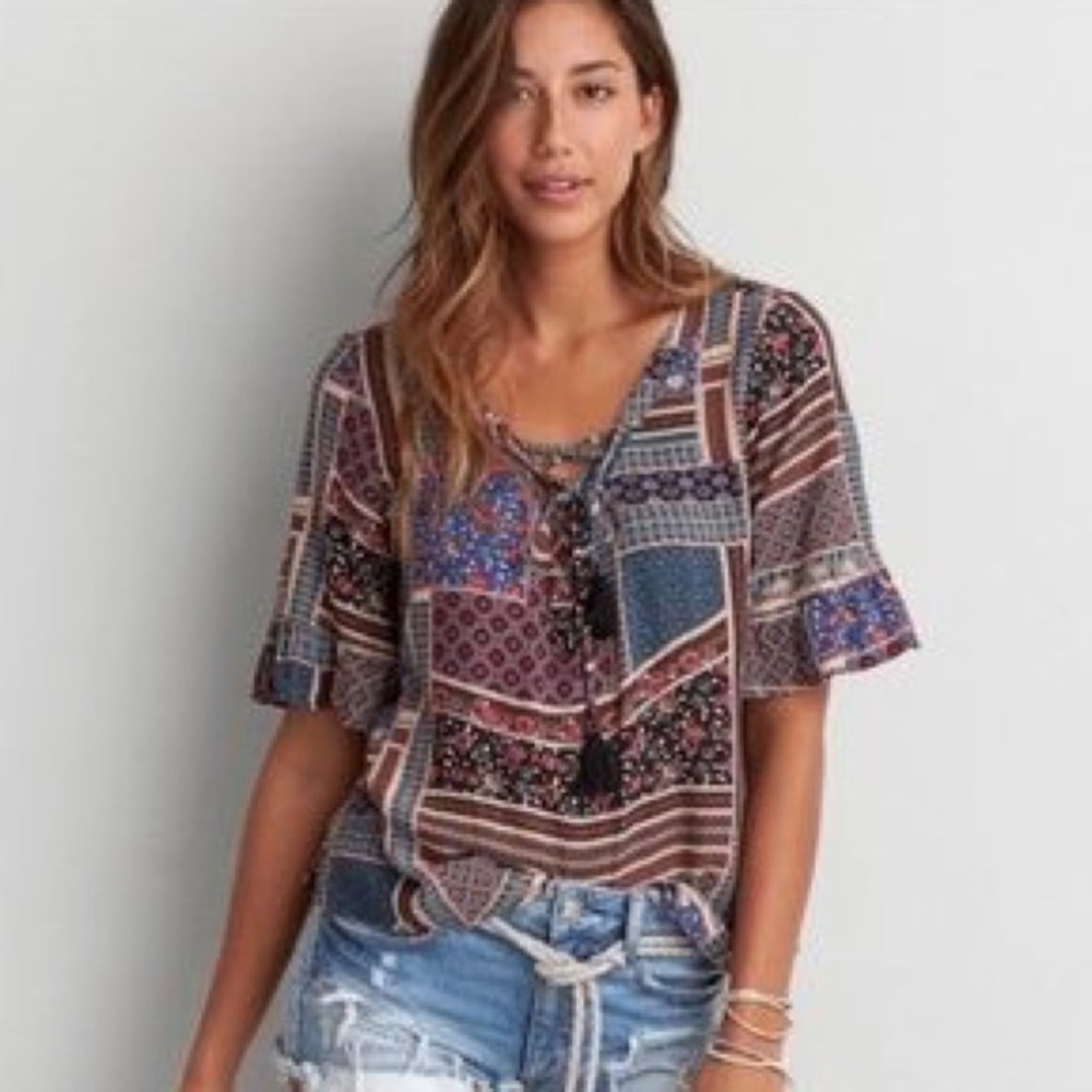 American Eagle Floral Lace Up Boho Blouse